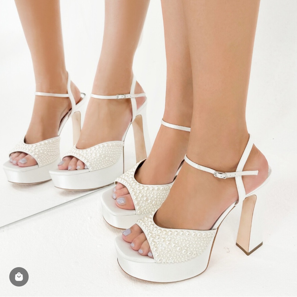 Bryleigh Satin Platform Block Heels with Bejeweled Vamp